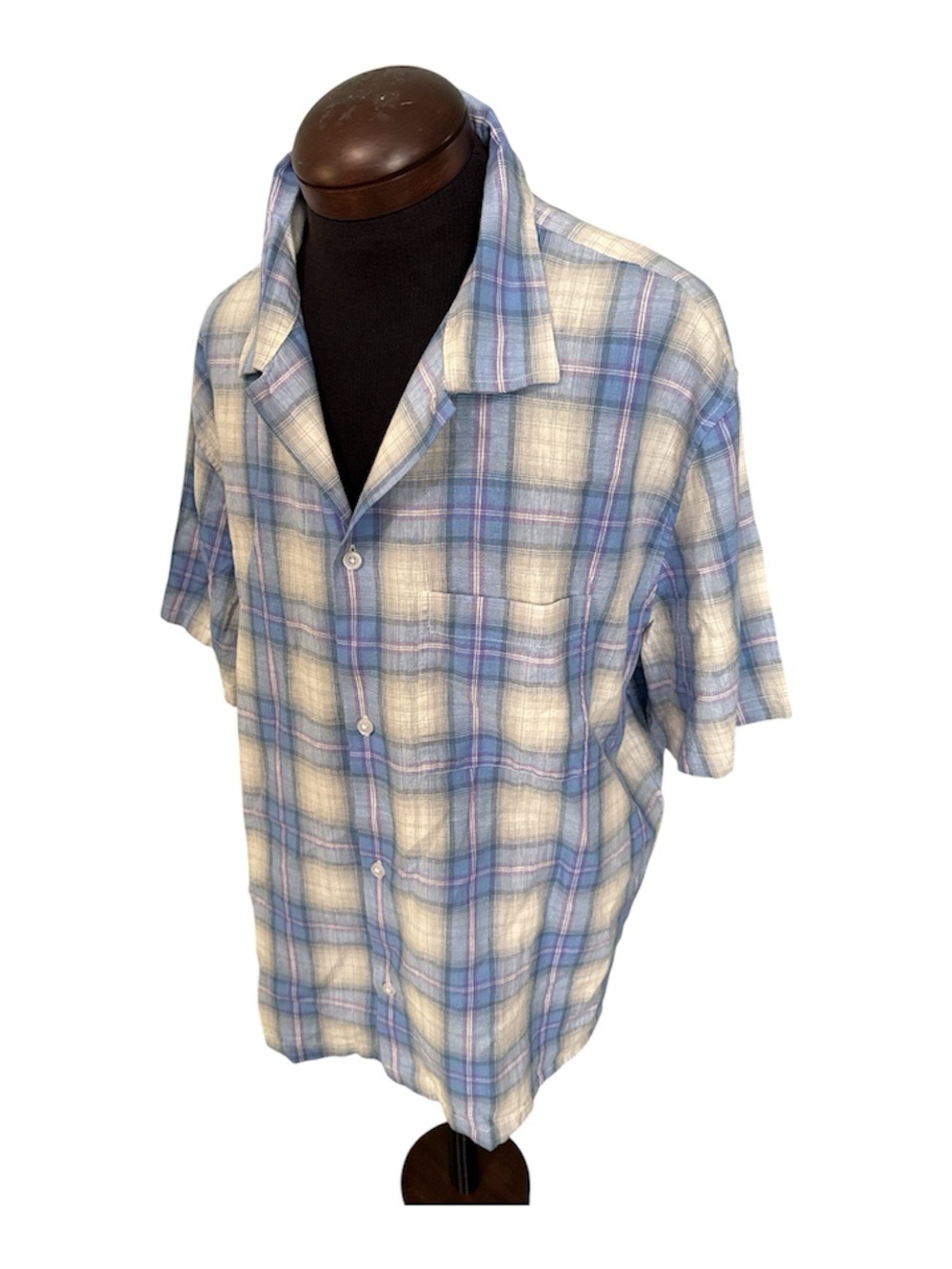 Gap Men's Linen Cotton Short Sleeve Light Blue Plaid Button-Up Camp Shirt NWT